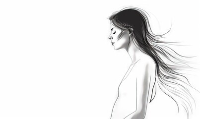 drawing of woman with long hair in the style of whiplash curves, white background