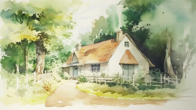 Light Watercolor Cottage in the Woods