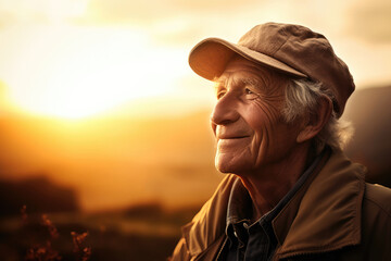 Generative AI image of portrait of side view of smiling elderly male with gray hair looking away while admiring amazing sunset sky against blurred landscape