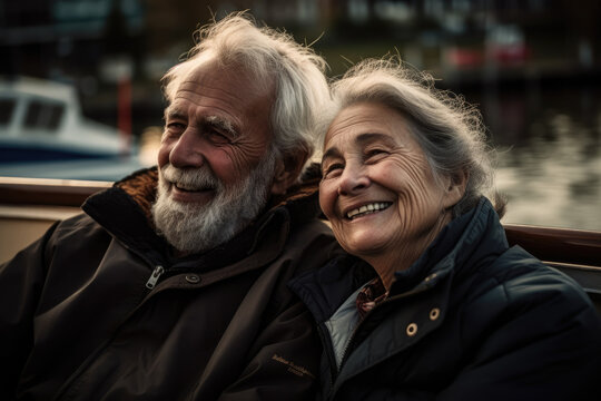 Generative AI image of portrait of smiling senior couple in warm clothes looking away while relaxing together on bench in winter daylight against blurred urban background