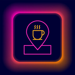 Naklejka na ściany i meble Glowing neon line Location with coffee cup icon isolated on black background. Colorful outline concept. Vector