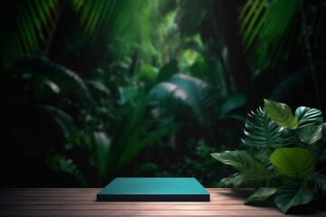 wooden color leaf mock podium palm design platform up green space. Generative AI.