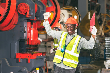 African American man workers, are happy while be work industrial production, to working people and factory industry concept.