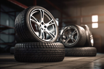 A stack of new tires in the garage. Photorealistic illustration generative AI.