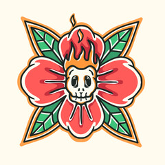 vector illustration,fiery skull head,inside rose flower.tattoo style,traditional,vintage and retro