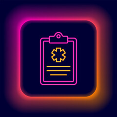 Glowing neon line Medical clipboard with clinical record icon isolated on black background. Health insurance form. Prescription, medical check marks report. Colorful outline concept. Vector
