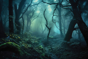 Dark fantasy forest landscape of path trail with fog, Generative AI