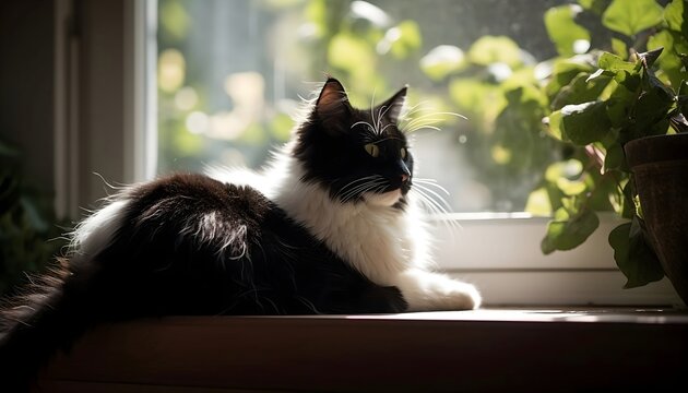 Contemplative Cat A Beautiful Feline Sitting by the Window and Gazing Out in Wonder, Generative AI