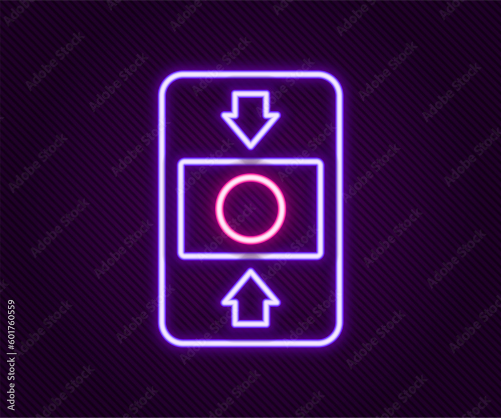 Poster glowing neon line fire alarm system icon isolated on black background. pull danger fire safety box. 