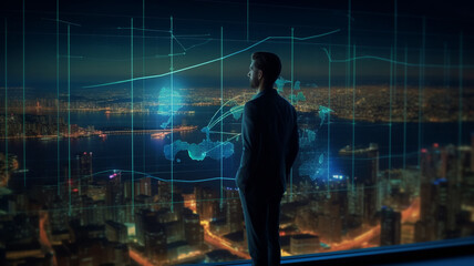 business investment growth management concept on virtual screens, a businessman is in front of a virtual screen. planning the future development of the data graph on the network structure of the busin