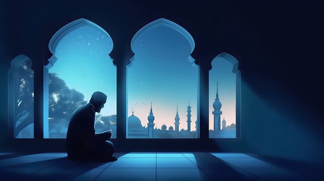 eid ul adha mubarak day background illustration, sillhouette of Muslim man sitting and holding Quran with view of mosque, Generative AI