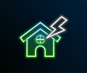 Fototapeta premium Glowing neon line House and lightning icon isolated on black background. House with thunderbolt for house or property insurance symbol. Colorful outline concept. Vector
