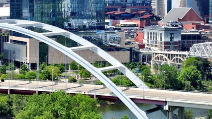 Nashville, Tennessee skyline with glass office tower architecture downtown in Country music capital