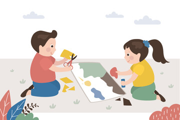 Preschool children make handmade crafts. Classmates cut out and glue pieces of paper onto large picture. Art, studies, teaching children. Homeschooling for young children