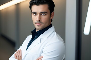 Portrait of an attractive male doctor in a white coat. Generative AI.