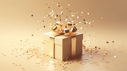 festive surprise gift box golden with a bow on a pastel beige background with serpentine and confetti.Generative AI