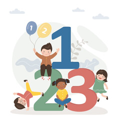 Multiethnic children sit on big numbers. Cute students learning, back to school. Preschoolers learn math, numbers and algebra. Elementary studing, kindergarten education.
