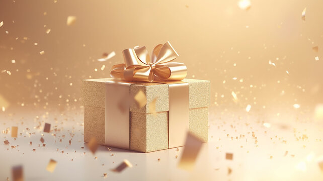 festive surprise gift box golden with a bow on a pastel beige background with serpentine and confetti.Generative AI