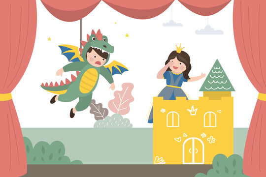Boy dressed as monster and girl dressed as beautiful princess. Children play in school theater, dragon attacks the castle. Theatrical performance, small actors on stage.