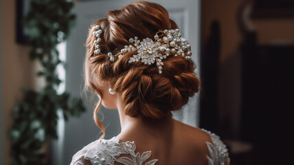 beautiful bride hairstyle for wedding with decorations. back view back girl hair .Generative AI