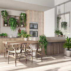 Bleached wooden kitchen in white and beige tones with island and chairs. Cabinets with appliances. Love for plant concept. Modern urban jungle interior design