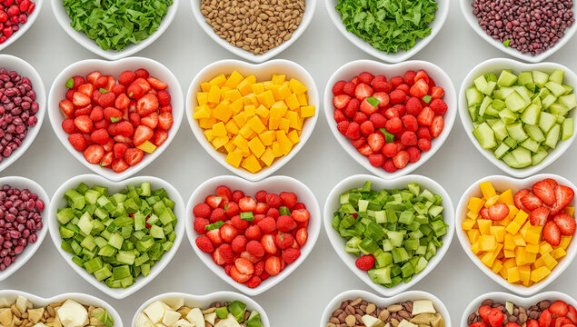 Healthy Heart Food. Healthy food: fruit, vegetable, seeds, superfood, cereal, leaf vegetable on white background. Health food for fitness with fruit, vegetables. Generative AI
