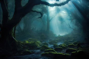 Ancient forest in a dark fantasy landscape in the mist, Generative AI