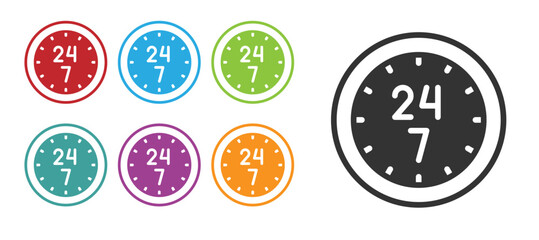 Black Clock 24 hours icon isolated on white background. All day cyclic icon. 24 hours service symbol. Set icons colorful. Vector