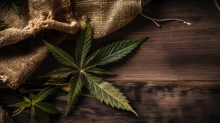 Obraz premium Cannabis hemp leaves on a wooden table generative ai