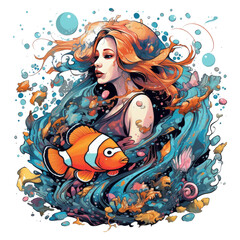 Fototapeta na wymiar A mixed media artwork of a clownfish and a mermaid in an abstract underwater scene, the mermaid floating in a sea of colors and shapes while the clownfish, Generative Ai