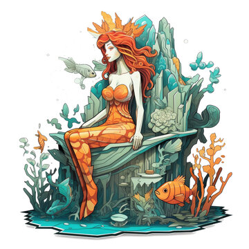 A paper art sculpture of a clownfish and a mermaid in a magical underwater scene, the mermaid sitting on a throne made of intricately, Generative Ai