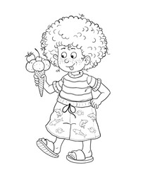 Summer. A cute boy eating ice cream. Coloring page. Illustration for children. Cute and funny cartoon characters isolated on white background