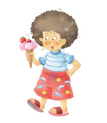 Summer. A cute boy eating ice cream. Coloring page. Illustration for children. Cute and funny cartoon characters isolated on white background