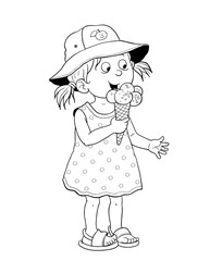 Summer. A cute girl eating ice cream. Coloring page. Illustration for children. Cute and funny cartoon characters isolated on white background