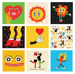 Women friends. Girlfriends spend time together, walking with friend. Powerful women standing, dancing and friendship hugging vector illustrations