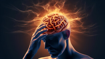 Human Brain Neurology Burning Head and Stress, Headace, Migraines with Strong Emotinal Impact - obrazy, fototapety, plakaty