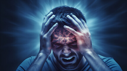 Human Brain Neurology Burning Head and Stress, Headace, Migraines with Strong Emotinal Impact - obrazy, fototapety, plakaty