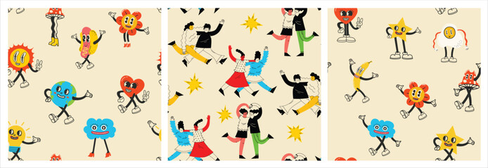 Colorful funny happy face label seamless pattern set. Collection of trendy retro sticker cartoon backgrounds. Weird comic character art wallpaper