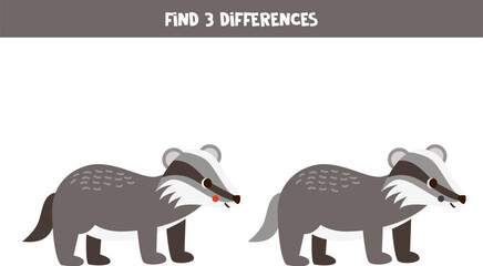 Find 3 differences between two cute cartoon badgers.