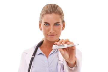 Portrait, woman and doctor with a thermometer, healthcare and lady isolated against a transparent background. Face, female person and medical professional with equipment, temperature, fever and png