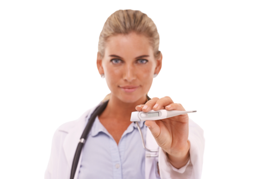 Portrait, woman and doctor with a thermometer, healthcare and lady isolated against a transparent background. Face, female person and medical professional with equipment, temperature, fever and png