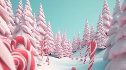 Wandaufkleber クリスマスと新年の背景。 クリスマス松モミの緑豊かな木冬景色の巨大なキャンディケイン。明るい冬の休日の組成物。 グリーティング カード、バナー、ポスター クリスマス要素AI © enopi