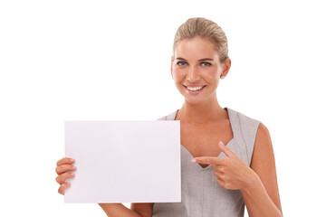 Woman is pointing to poster, marketing and smile in portrait, brand promo isolated on png...