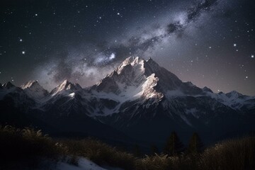 Fototapeta na wymiar Snowy mountains under a milky way sky - digital artwork. Generative AI