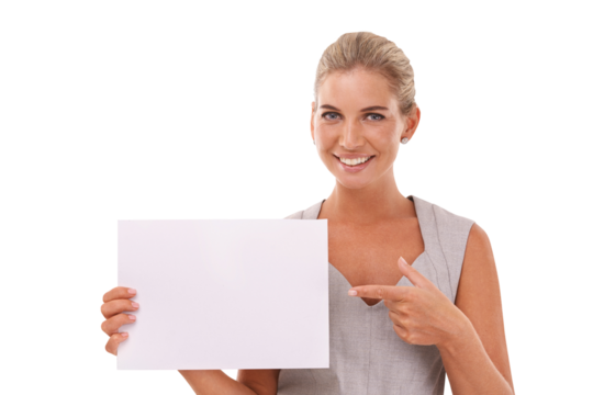 Woman is pointing to poster, marketing and smile in portrait, brand promo isolated on png transparent background. Banner, mockup and sign for advertising with female model, branding and presentation