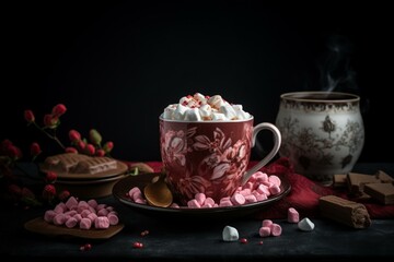 Obraz na płótnie Canvas A cocoa mug with marshmallow and ruby chocolate on a tablecloth against a dark wall. Generative AI