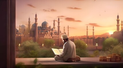 Fototapeta na wymiar Muslim man sitting and holding Quran with view of mosque, eid ul adha mubarak day background illustration, Generative AI