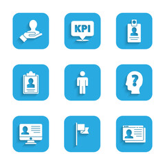 Set User of man, Location marker, Resume, Head with question, Monitor resume, Clipboard, Identification badge and Hand for search people icon. Vector