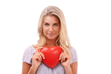 Portrait, kindness and woman with heart balloon isolated on a transparent png background for valentines day. Love, face and female person with inflatable for romance, care emoji and commitment sign.