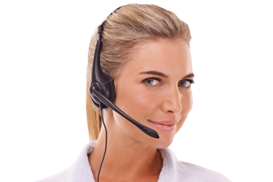 Call center, face portrait and woman consulting for customer service isolated on a transparent png background. Telemarketing, contact us and female person, sales agent or consultant with headset.